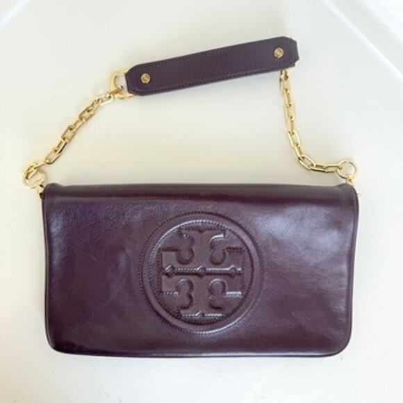 TORY BURCH Reva Shoulder Bag Wild Plum Purple Leather Chain Strap Logo Luxury - Picture 2 of 9